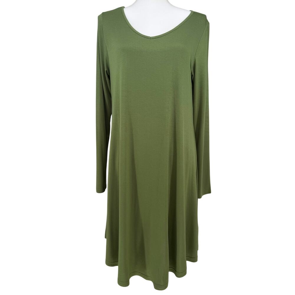 Dearcase Olive Green V Neck Jersey Knit T-shirt Long Sleeve Swing Dress NWT XL - Picture 3 of 9